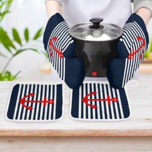 4PCS Oven Mitts Glove Kitchen Heat Resistant Pot Holders Set Navy Blue Nautical Kitchen Microwave Oven Gloves Mitts Anti-Scald Baking Cooking Gloves