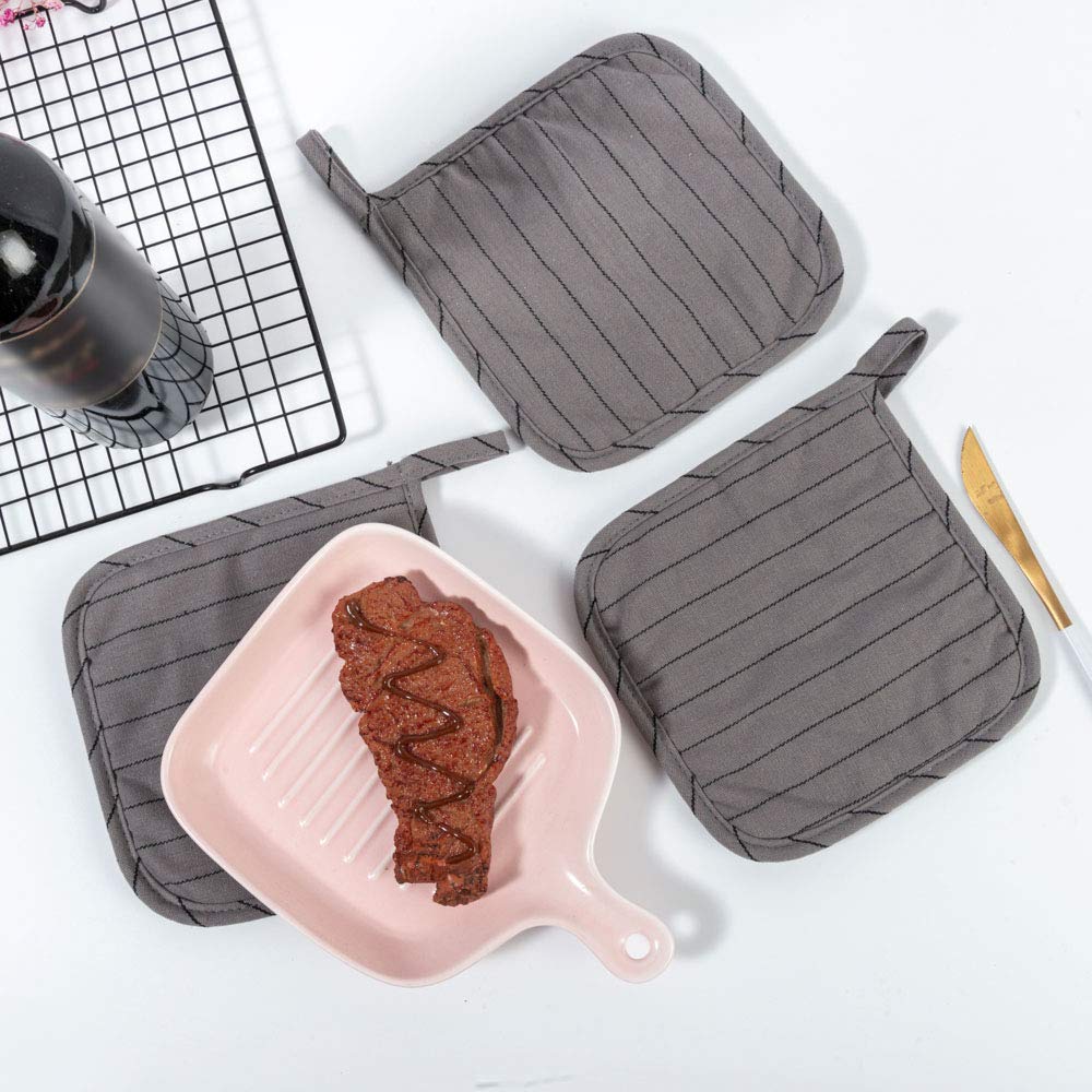 100% Cotton Kitchen Everyday Basic Pot Holder Heat Resistant Coaster Potholder for Cooking and Baking 7 x 7-Inch Set of 3 (Dark Grey Stripe)