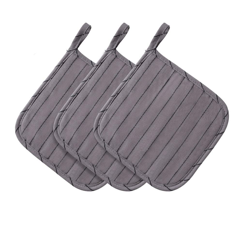 100% Cotton Kitchen Everyday Basic Pot Holder Heat Resistant Coaster Potholder for Cooking and Baking 7 x 7-Inch Set of 3 (Dark Grey Stripe)