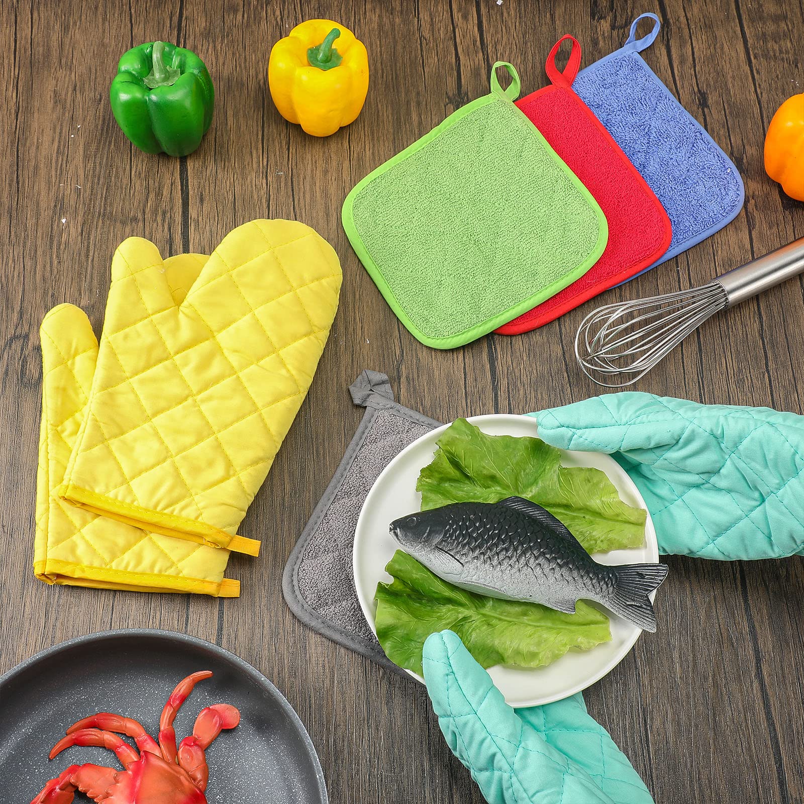 Zubebe 12 Pcs Oven Mitts and Pot Holders Multicolor Sets 6 Pair Heat Resistant Cotton Oven Gloves Extra Thicken Long Kitchen Gloves 6 Terry Cloth Pot Holders Oven Hot Pads for Cooking Baking Grilling