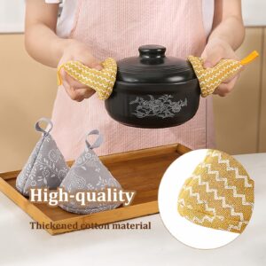 2Pcs Cotton Pot Handle Holder, Heat Resistant Cloth Pot Clip Covers Cooking Gloves Oven Mitt Mini Triangle Insulation Non-Slip Pot Lid Hats for Kitchen Cooking Baking Grilling (Flower-Light Grey)