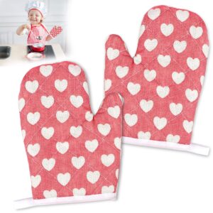 doerdo 2 pack kid oven mitts for children heat resistant kitchen mitts, great for cooking baking, age 4-12 (7"x4.7", sweet heart)