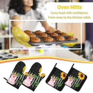 Oven Mitts and Pot Holders Sets Farmhouse Sunflower Pig American Flag Kitchen Microwave Gloves and Hot Pads Potholders with Cotton Liner Grip Cooking Mitts for Baking Cooking Grilling BBQ