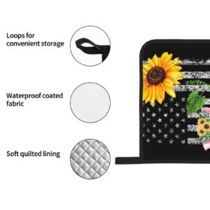 Oven Mitts and Pot Holders Sets Farmhouse Sunflower Pig American Flag Kitchen Microwave Gloves and Hot Pads Potholders with Cotton Liner Grip Cooking Mitts for Baking Cooking Grilling BBQ