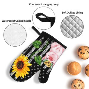 Oven Mitts and Pot Holders Sets Farmhouse Sunflower Pig American Flag Kitchen Microwave Gloves and Hot Pads Potholders with Cotton Liner Grip Cooking Mitts for Baking Cooking Grilling BBQ