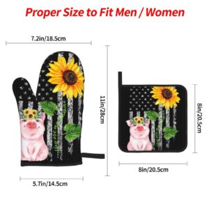 Oven Mitts and Pot Holders Sets Farmhouse Sunflower Pig American Flag Kitchen Microwave Gloves and Hot Pads Potholders with Cotton Liner Grip Cooking Mitts for Baking Cooking Grilling BBQ