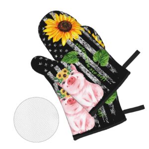 Oven Mitts and Pot Holders Sets Farmhouse Sunflower Pig American Flag Kitchen Microwave Gloves and Hot Pads Potholders with Cotton Liner Grip Cooking Mitts for Baking Cooking Grilling BBQ