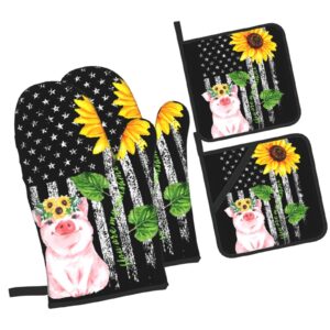 Oven Mitts and Pot Holders Sets Farmhouse Sunflower Pig American Flag Kitchen Microwave Gloves and Hot Pads Potholders with Cotton Liner Grip Cooking Mitts for Baking Cooking Grilling BBQ