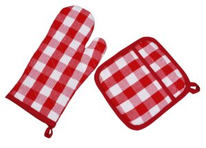 yourtablecloth set of checkered oven mitt and pot holder or oven gloves-100% cotton, heat resistance, superior protection & comfort–gingham design-machine washable red and white