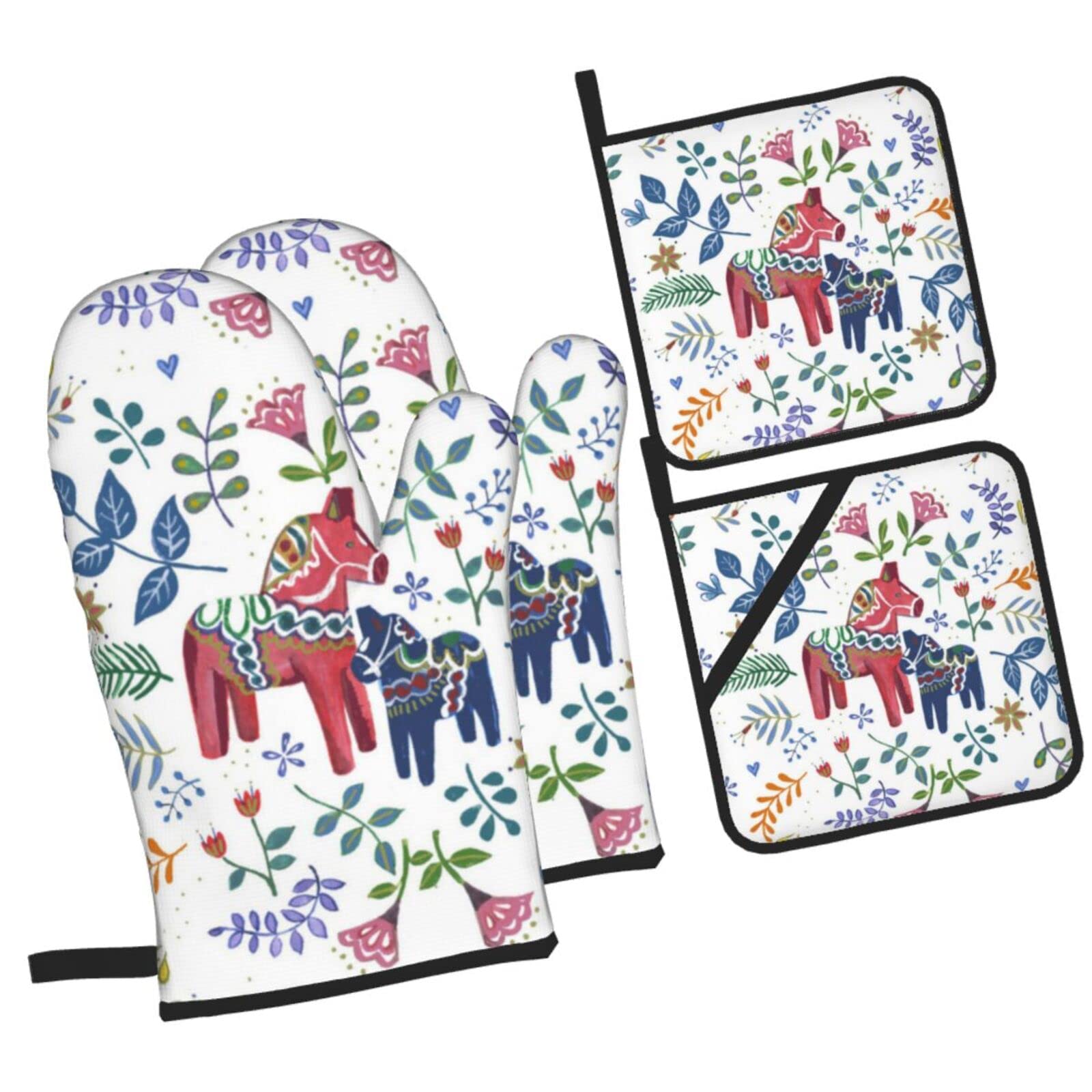 Floral Swedish Dala Horse Oven Mitts and Pot Holders Sets Kitchen Oven Gloves BBQ Gloves Pot Holders for Cooking Baking