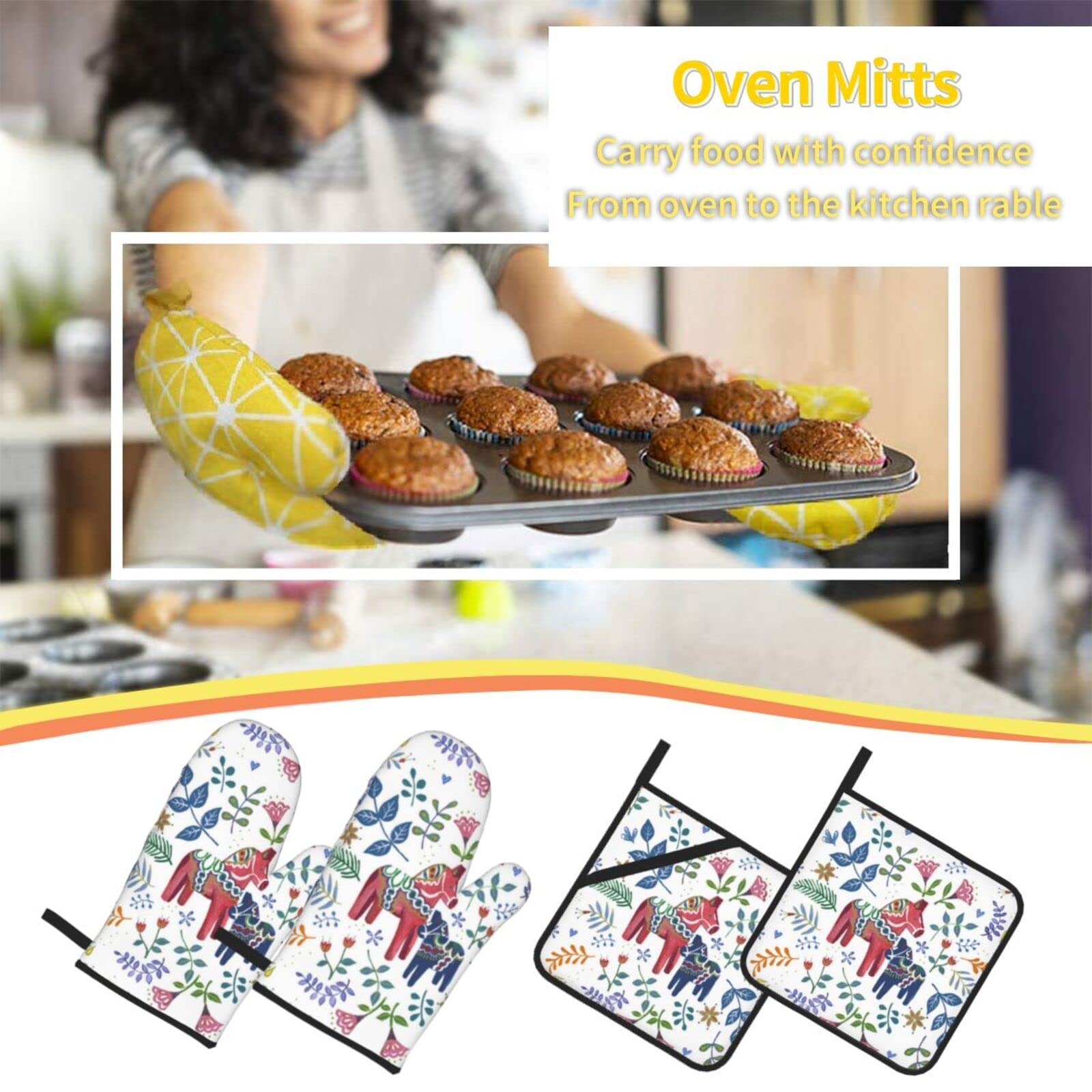 Floral Swedish Dala Horse Oven Mitts and Pot Holders Sets Kitchen Oven Gloves BBQ Gloves Pot Holders for Cooking Baking