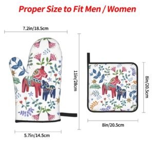 Floral Swedish Dala Horse Oven Mitts and Pot Holders Sets Kitchen Oven Gloves BBQ Gloves Pot Holders for Cooking Baking