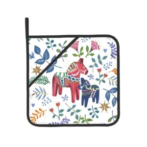 Floral Swedish Dala Horse Oven Mitts and Pot Holders Sets Kitchen Oven Gloves BBQ Gloves Pot Holders for Cooking Baking