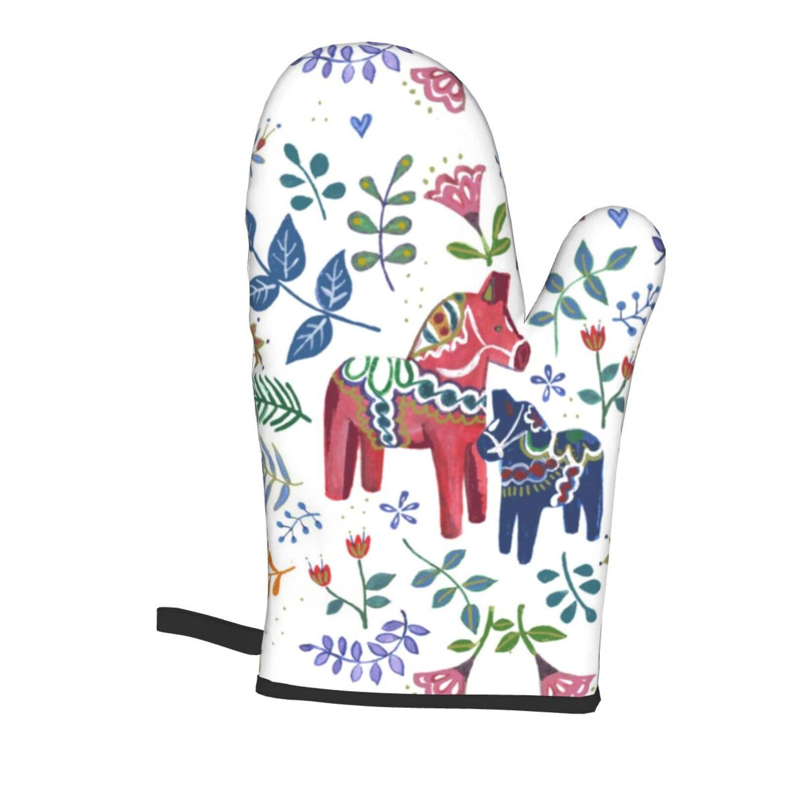 Floral Swedish Dala Horse Oven Mitts and Pot Holders Sets Kitchen Oven Gloves BBQ Gloves Pot Holders for Cooking Baking