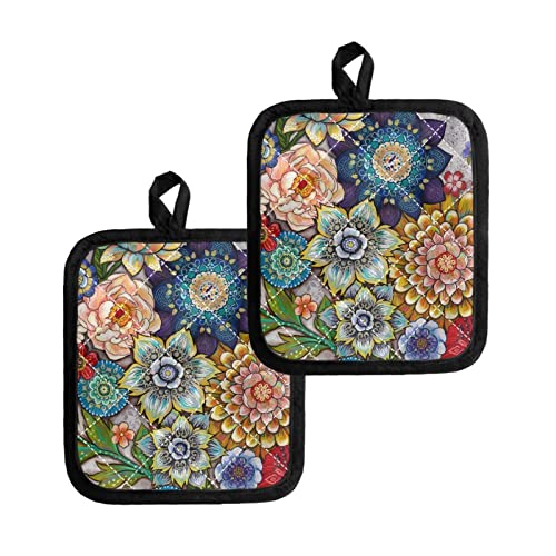 Coldinair Boho Floral Print Potholders Set of 2,Hot Pads Home Kitchen Cooking Barbecue Microwave BBQ Grilling,Machine Washable