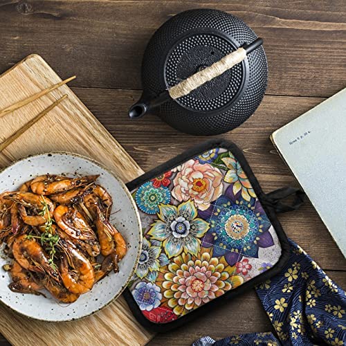 Coldinair Boho Floral Print Potholders Set of 2,Hot Pads Home Kitchen Cooking Barbecue Microwave BBQ Grilling,Machine Washable