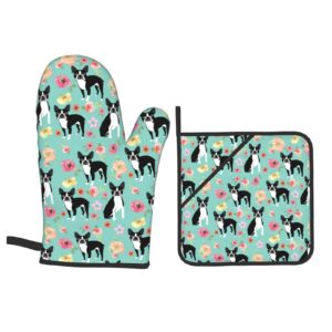 Florals Boston Terrier Dogs Oven Mitts and Pot Holders Heat Resistant 4 Pcs Sets Waterproof Non-Slip for BBQ Cooking Baking Grilling
