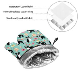 Florals Boston Terrier Dogs Oven Mitts and Pot Holders Heat Resistant 4 Pcs Sets Waterproof Non-Slip for BBQ Cooking Baking Grilling