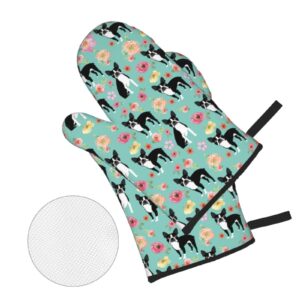 Florals Boston Terrier Dogs Oven Mitts and Pot Holders Heat Resistant 4 Pcs Sets Waterproof Non-Slip for BBQ Cooking Baking Grilling
