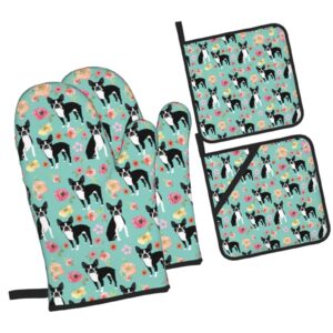 Florals Boston Terrier Dogs Oven Mitts and Pot Holders Heat Resistant 4 Pcs Sets Waterproof Non-Slip for BBQ Cooking Baking Grilling