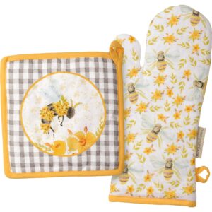 primitives by kathy watercolor bee & floral design oven mitt & pot holder kitchen set