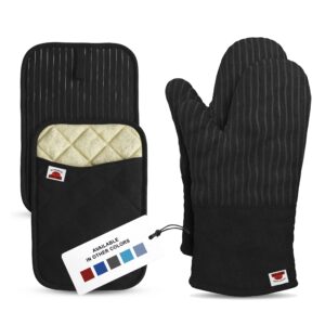 big red house oven mitts and pot holders sets, with the heat resistance of silicone and flexibility of cotton, recycled cotton infill, terrycloth lining, 480 f heat resistant pair black