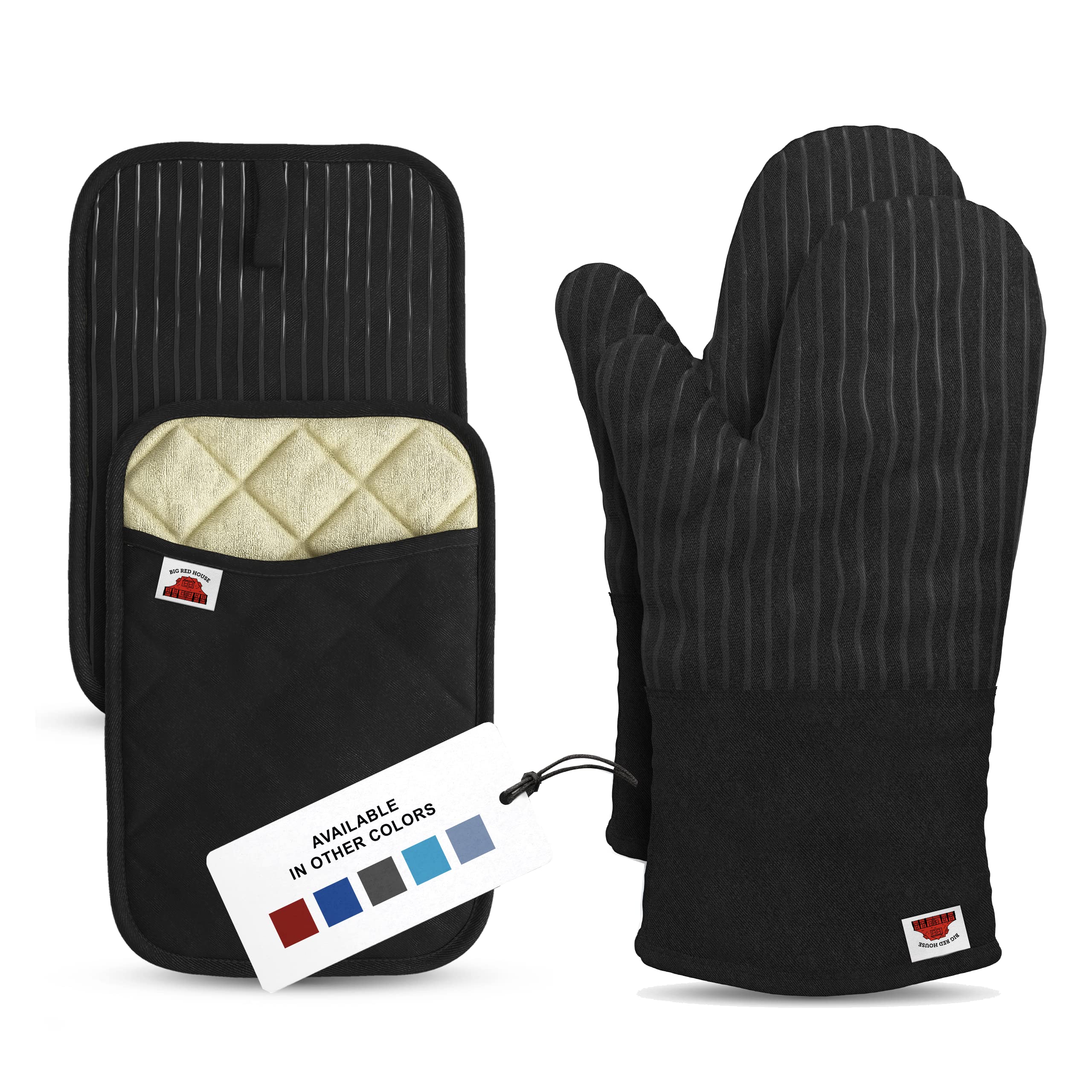 BIG RED HOUSE Oven Mitts and Pot Holders Sets, with The Heat Resistance of Silicone and Flexibility of Cotton, Recycled Cotton Infill, Terrycloth Lining, 480 F Heat Resistant Pair Black