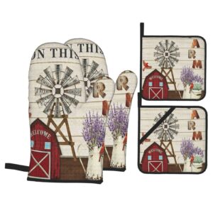 oven mitts and pot holders sets of 4,farmhouse windmill and barn house lavender cardinal bird country style,oven mitts heat resistant oven gloves set potholders for kitchen baking grilling