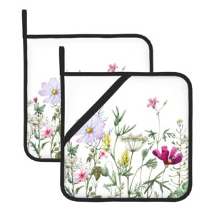 floral wildflower flower field pot holders set heat resistant non slip oven hot pads with hand pockets and hanging loops for kitchen baking cooking,set of 2