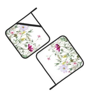 Floral Wildflower Flower Field Pot Holders Set Heat Resistant Non Slip Oven Hot Pads with Hand Pockets and Hanging Loops for Kitchen Baking Cooking,Set of 2