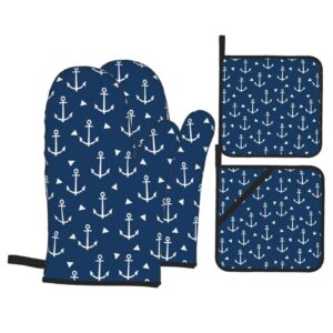 nautical anchors oven mitts and 2 pot holders set, soft cotton lining with non-slip surface, kitchen microwave gloves for baking cooking grilling bbq