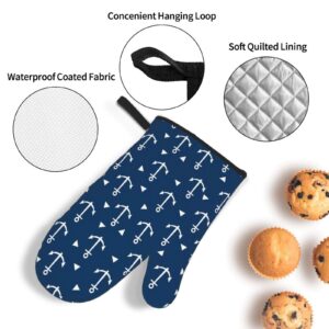 Nautical Anchors Oven Mitts and 2 Pot Holders Set, Soft Cotton Lining with Non-Slip Surface, Kitchen Microwave Gloves for Baking Cooking Grilling BBQ