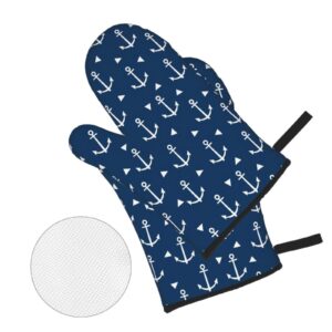 Nautical Anchors Oven Mitts and 2 Pot Holders Set, Soft Cotton Lining with Non-Slip Surface, Kitchen Microwave Gloves for Baking Cooking Grilling BBQ