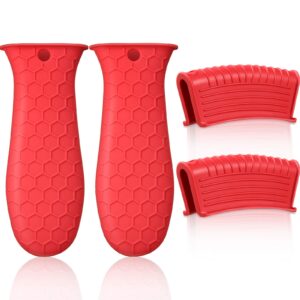 4 pieces silicone hot handle holder, pot holders cover, silicone assist handle holder, non-slip pot holder sleeve, heat resistant potholder cookware handle for cast iron skillet metal pan (red)
