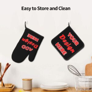 Customized Oven Mitts and Pot Holders Sets, Design Your Own Advanced Heat Resistance Cooking Gloves and Pot Cover Personalized Non-Slip Kitchen Mitten for Baking, Grilling, Cooking, One Size