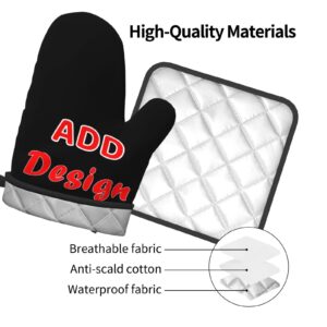 Customized Oven Mitts and Pot Holders Sets, Design Your Own Advanced Heat Resistance Cooking Gloves and Pot Cover Personalized Non-Slip Kitchen Mitten for Baking, Grilling, Cooking, One Size