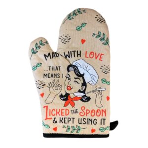 made with love that means i licked the spoon and kept using it oven mitt funny graphic kitchenwear funny food novelty cookware multi oven mitt