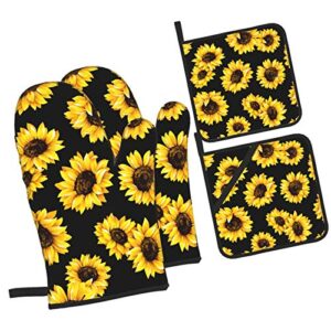 sunflower pattern oven mitts set of 4, kitchen oven mitts and pot holders farmhouse, non-slip heat resistant oven mitts for kitchen, cooking, bbq, baking, grillin