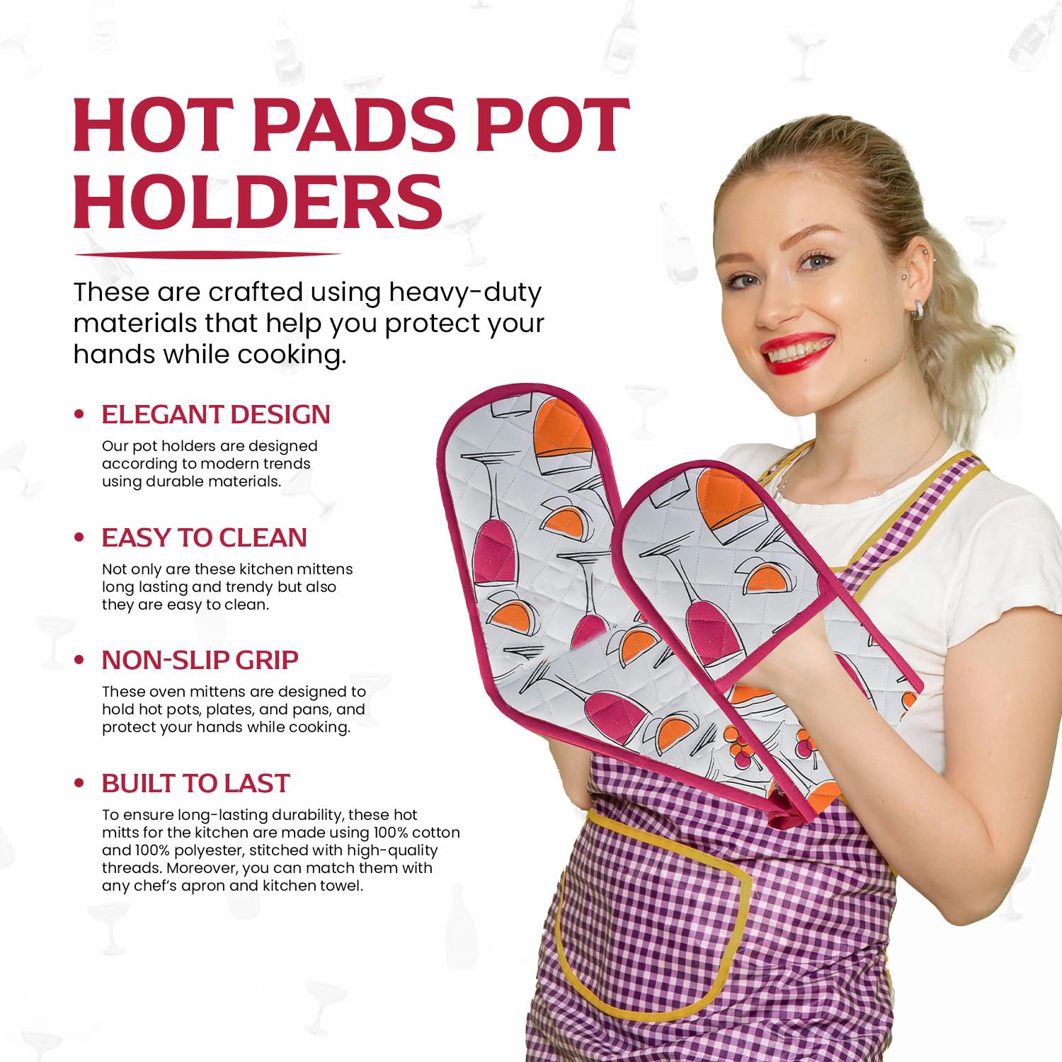 Kitchen BBQ Modern Fun Party Double Oven Mitts Gloves | Extra Long & Thick, Heat Resistant | Quilted Cloth Attached 1 Piece Oven Gloves | 100% Cotton Wine Christmas Champagne Pot Holder