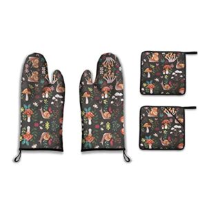 mushrooms and flowers decor oven mitts, pot holders sets for kitchen gifts, kitchen accessories tool, heat resistant oven mitts for cooking, baking and grilling (2 insulated gloves and 2 pot lid pads)