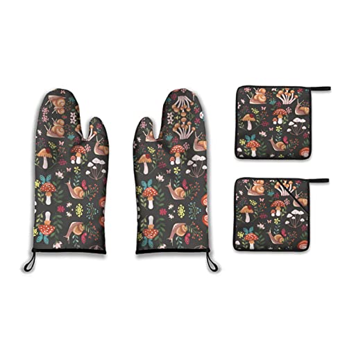 Mushrooms and Flowers Decor Oven Mitts, Pot Holders Sets for Kitchen Gifts, Kitchen Accessories Tool, Heat Resistant Oven Mitts for Cooking, Baking and Grilling (2 Insulated Gloves and 2 Pot Lid Pads)