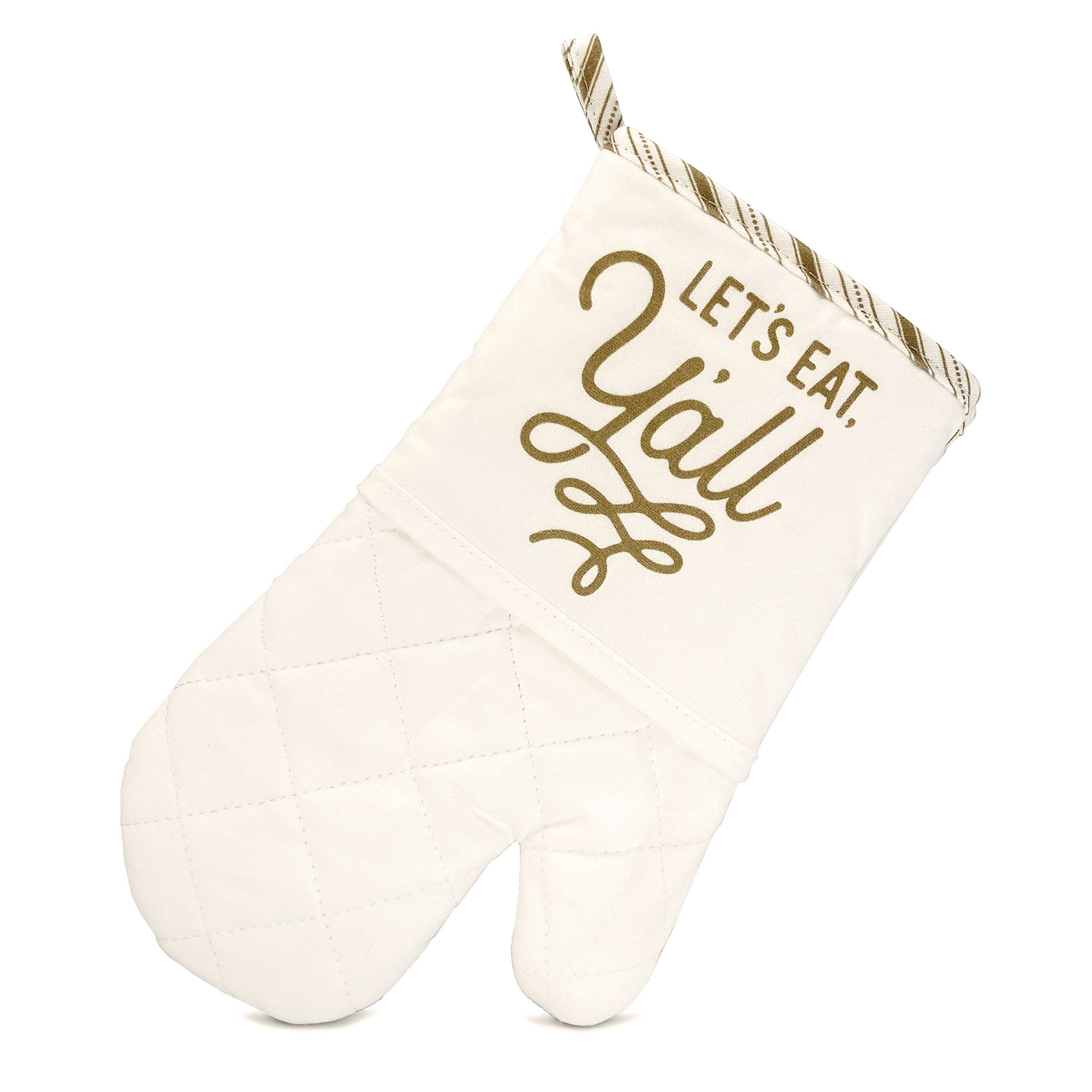 Texas Oven Mitt with Let's Eat Y'all Ticking Stripe Design in Quilted Cotton Texas Gift