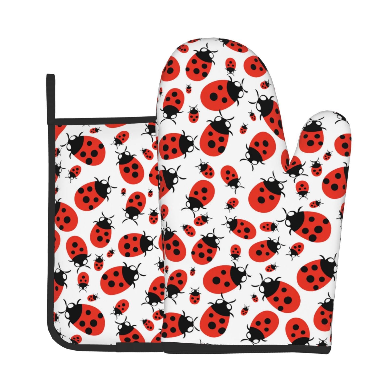 Oven Mitt and Pot Holders, 2 Piece Set, Cartoon Red Ladybug Cotton Lining Non-Slip BBQ Gloves