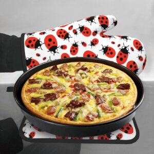 Oven Mitt and Pot Holders, 2 Piece Set, Cartoon Red Ladybug Cotton Lining Non-Slip BBQ Gloves