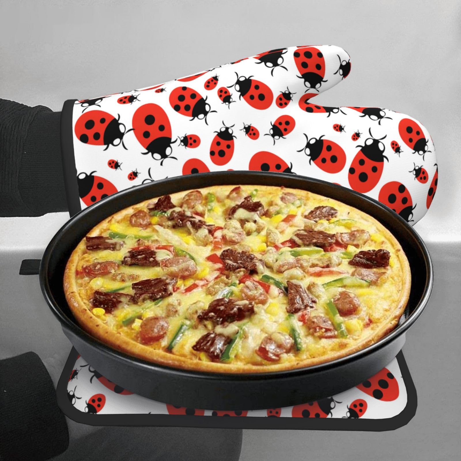 Oven Mitt and Pot Holders, 2 Piece Set, Cartoon Red Ladybug Cotton Lining Non-Slip BBQ Gloves