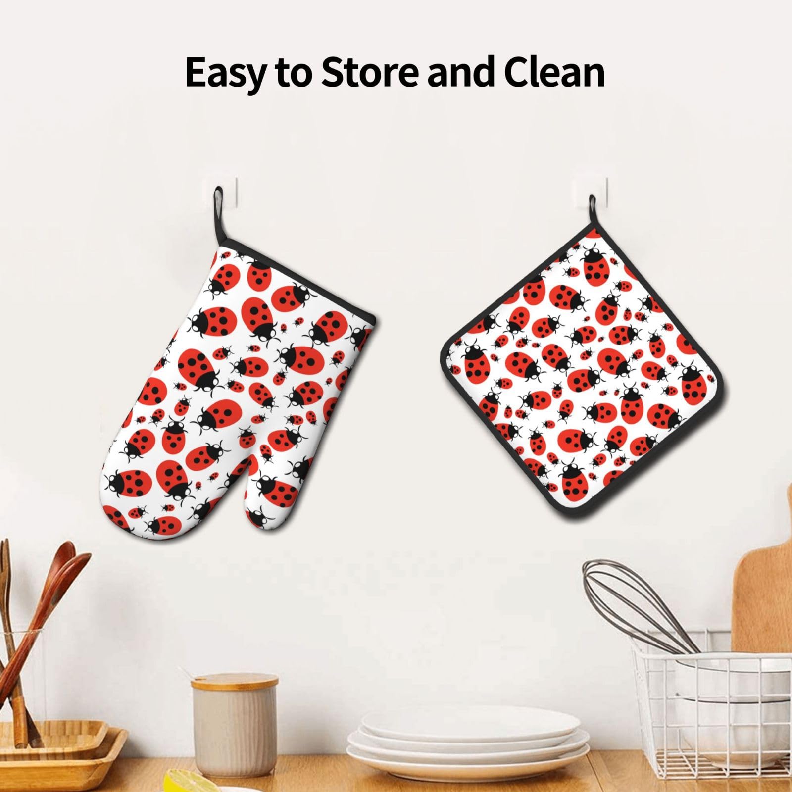 Oven Mitt and Pot Holders, 2 Piece Set, Cartoon Red Ladybug Cotton Lining Non-Slip BBQ Gloves