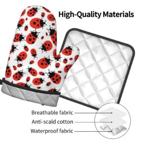 Oven Mitt and Pot Holders, 2 Piece Set, Cartoon Red Ladybug Cotton Lining Non-Slip BBQ Gloves