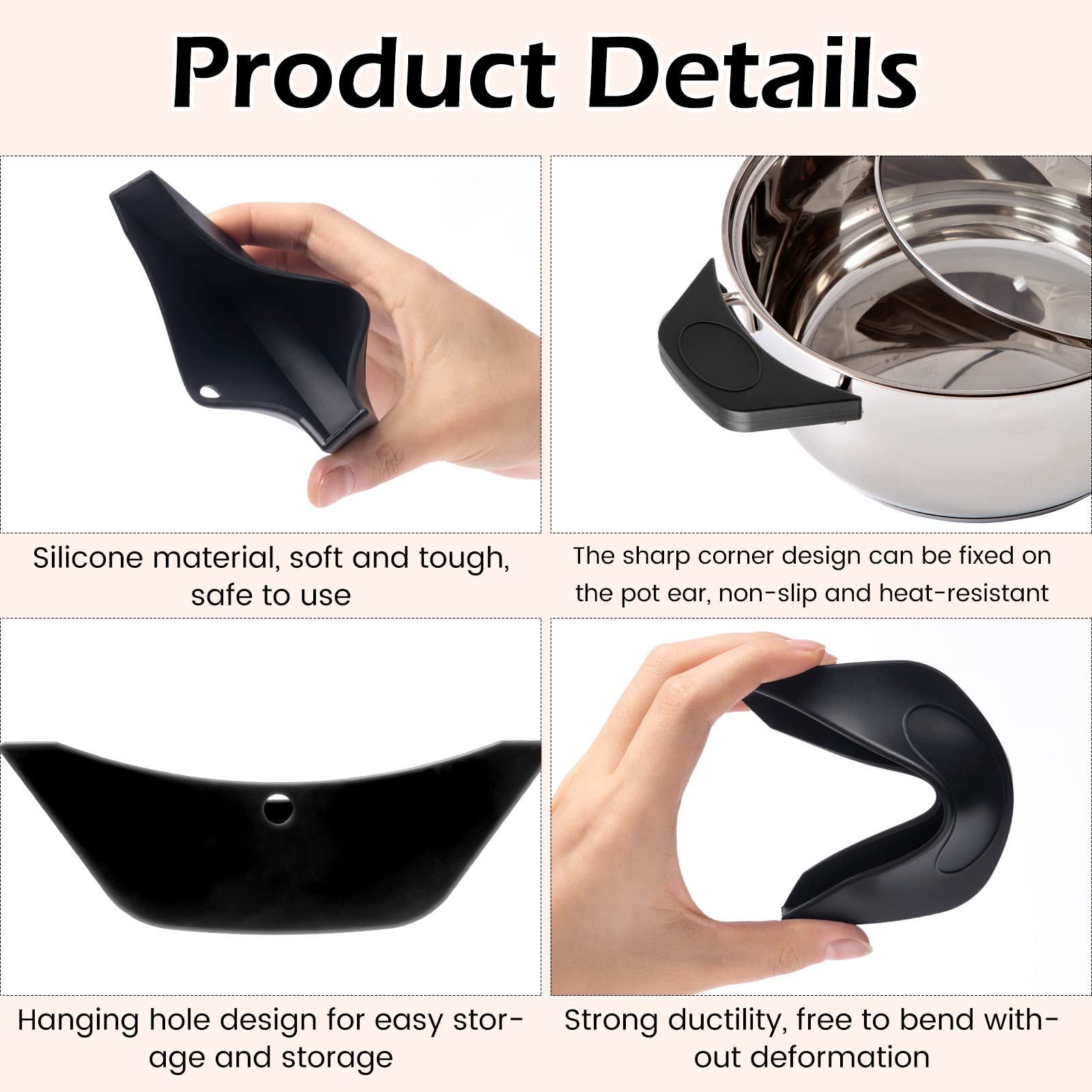 4 Pieces Silicone Assist Handle Holder Scald-Proof Heat Insulated Pot Grip Cover Pot Holder for Pans, Frying Pans, Griddles, Metal Cookware, Black