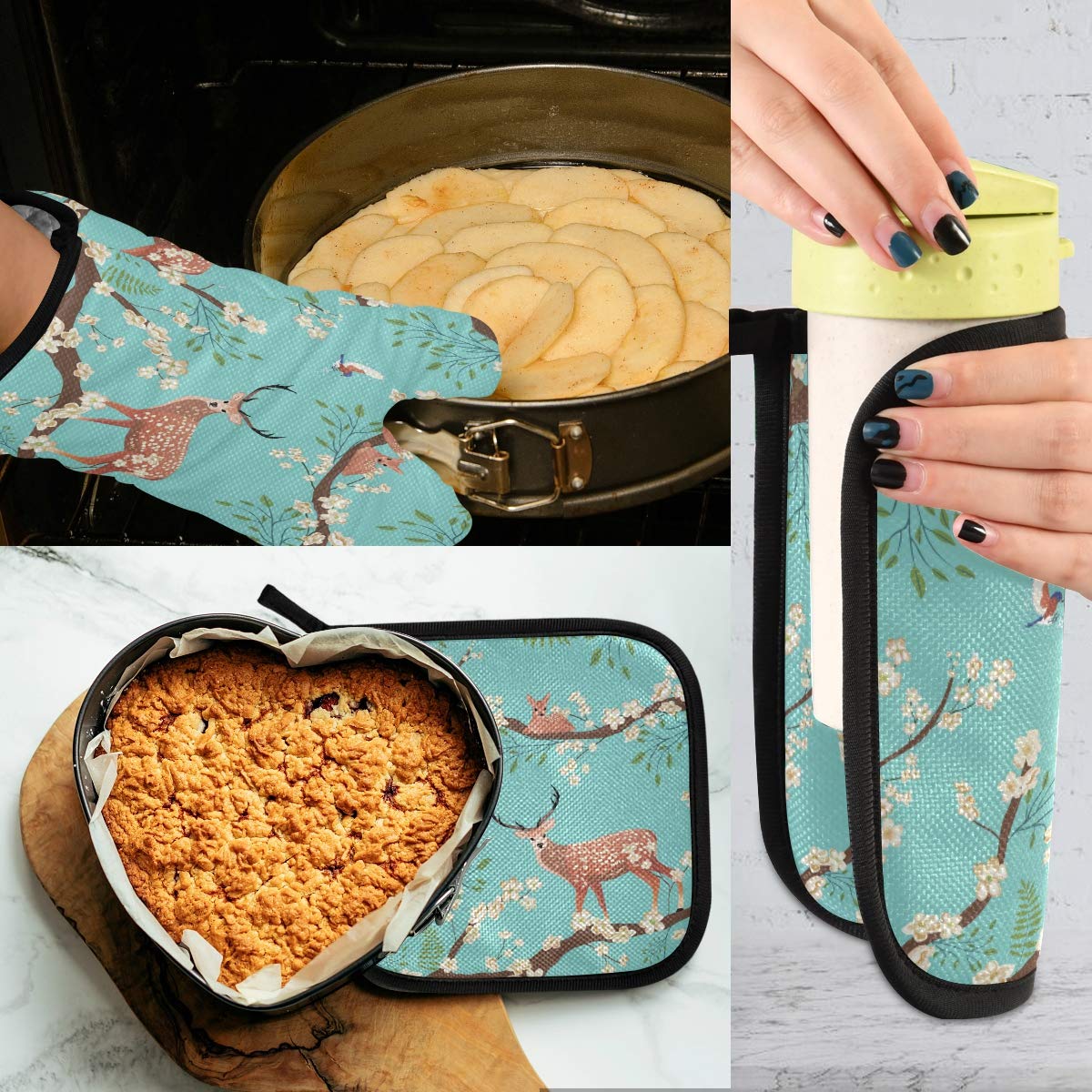 ZZXXB Deer Plum Floral Oven Mitts and Pot Holders Set of 2 Heat Resistant Non-Slip Kitchen Gloves for Cooking Baking Barbecue Grilling