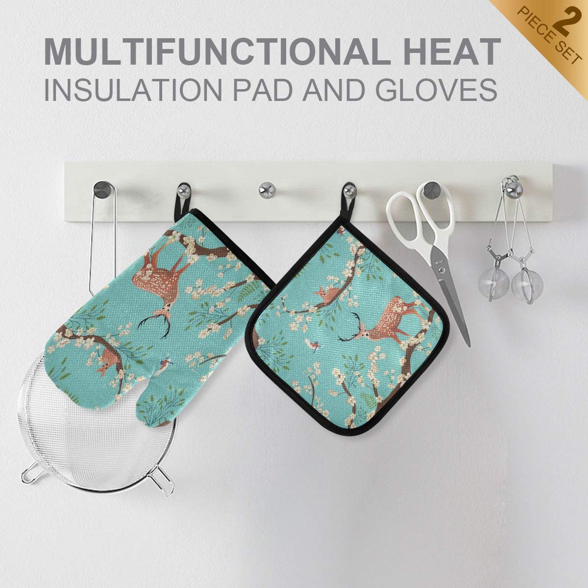 ZZXXB Deer Plum Floral Oven Mitts and Pot Holders Set of 2 Heat Resistant Non-Slip Kitchen Gloves for Cooking Baking Barbecue Grilling